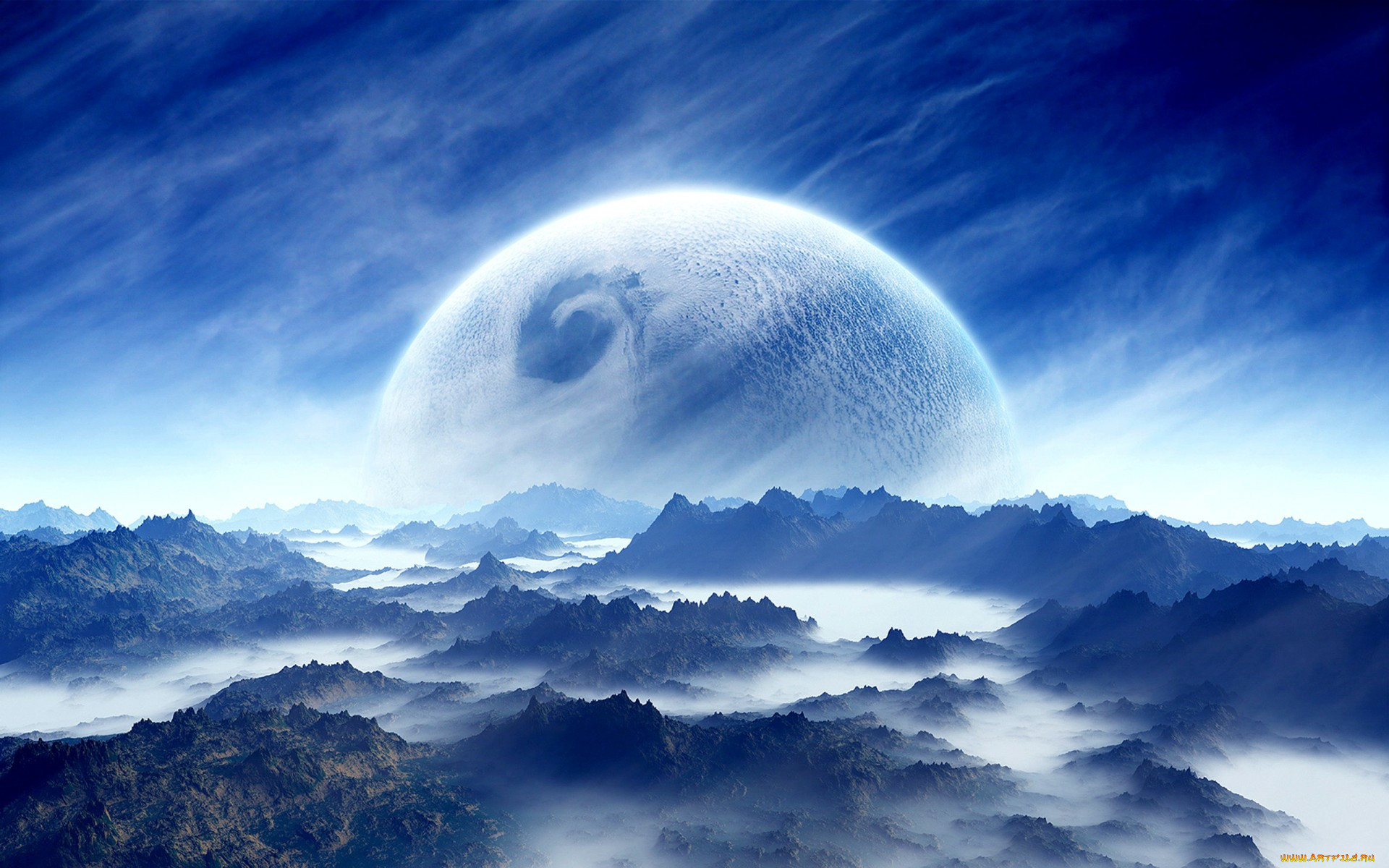 3 , ,  , atmosphere ,  mood , landscape, planet, sci, fi, sky, mountain, cloud, blue, white